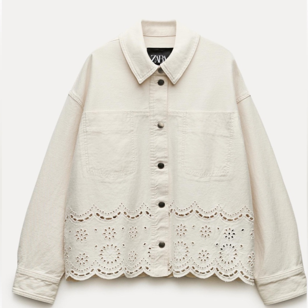 Zara Cream Jean Jacket with Eyelet Hem